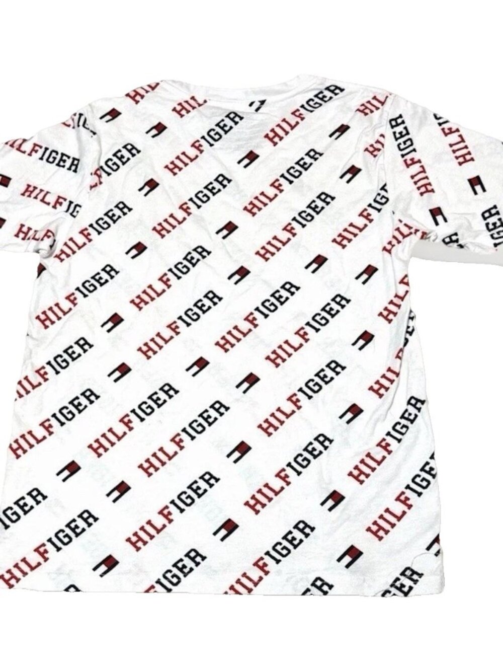 Tommy Hilfiger Boys Logo All Over Print T Shirt White Red Navy